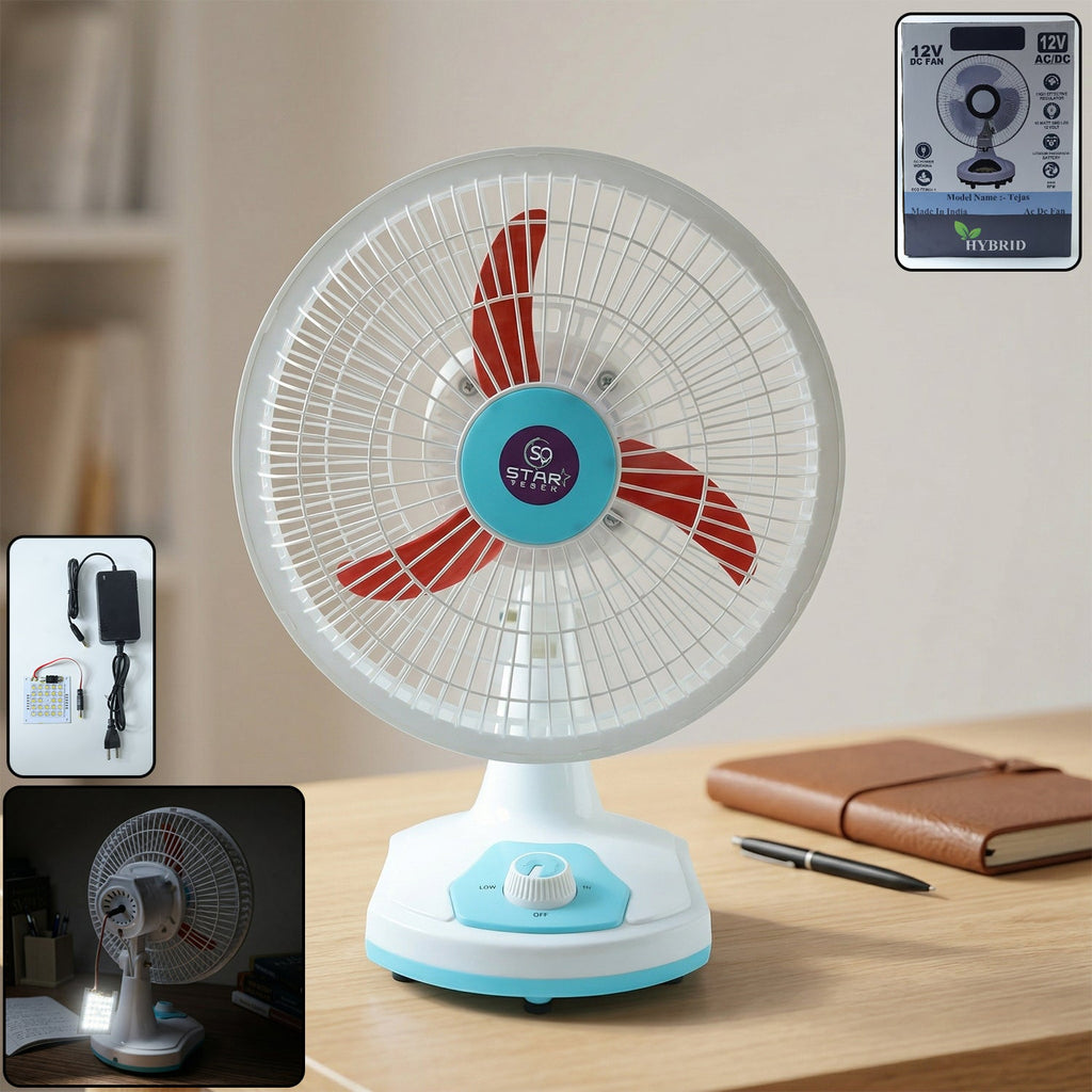 Portable rechargeable table fan with LED light and dual power options