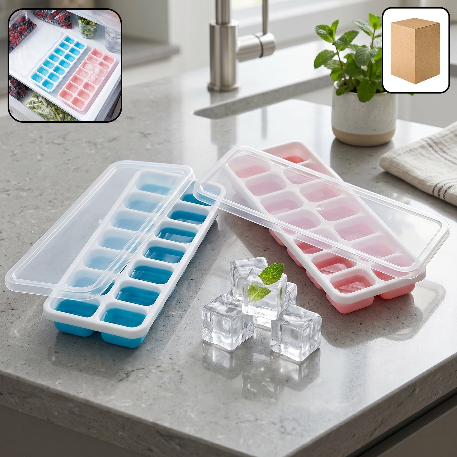 Plastic ice cube tray with lid designed for freezer use