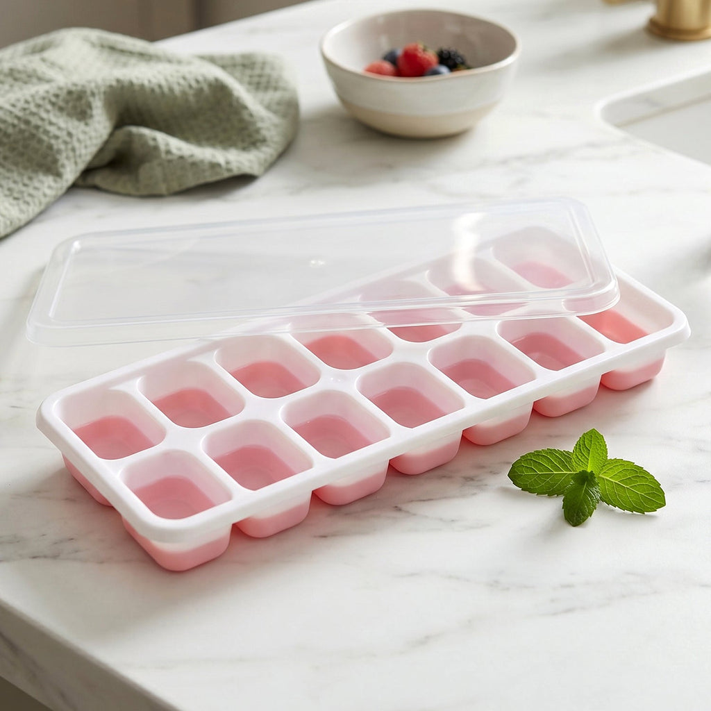 Stackable plastic ice cube trays with lids for convenience