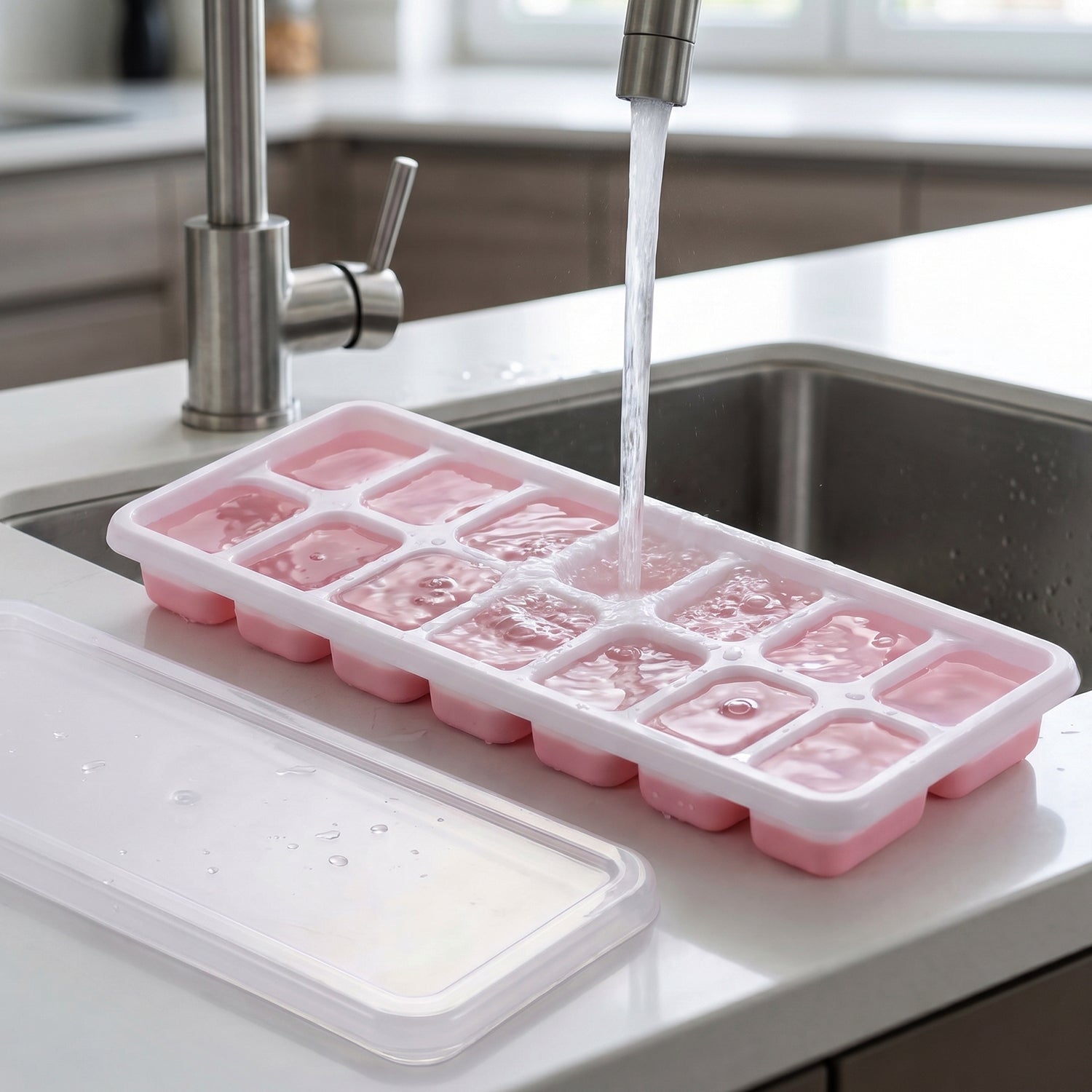 Easy release ice cube tray with lid in freezer