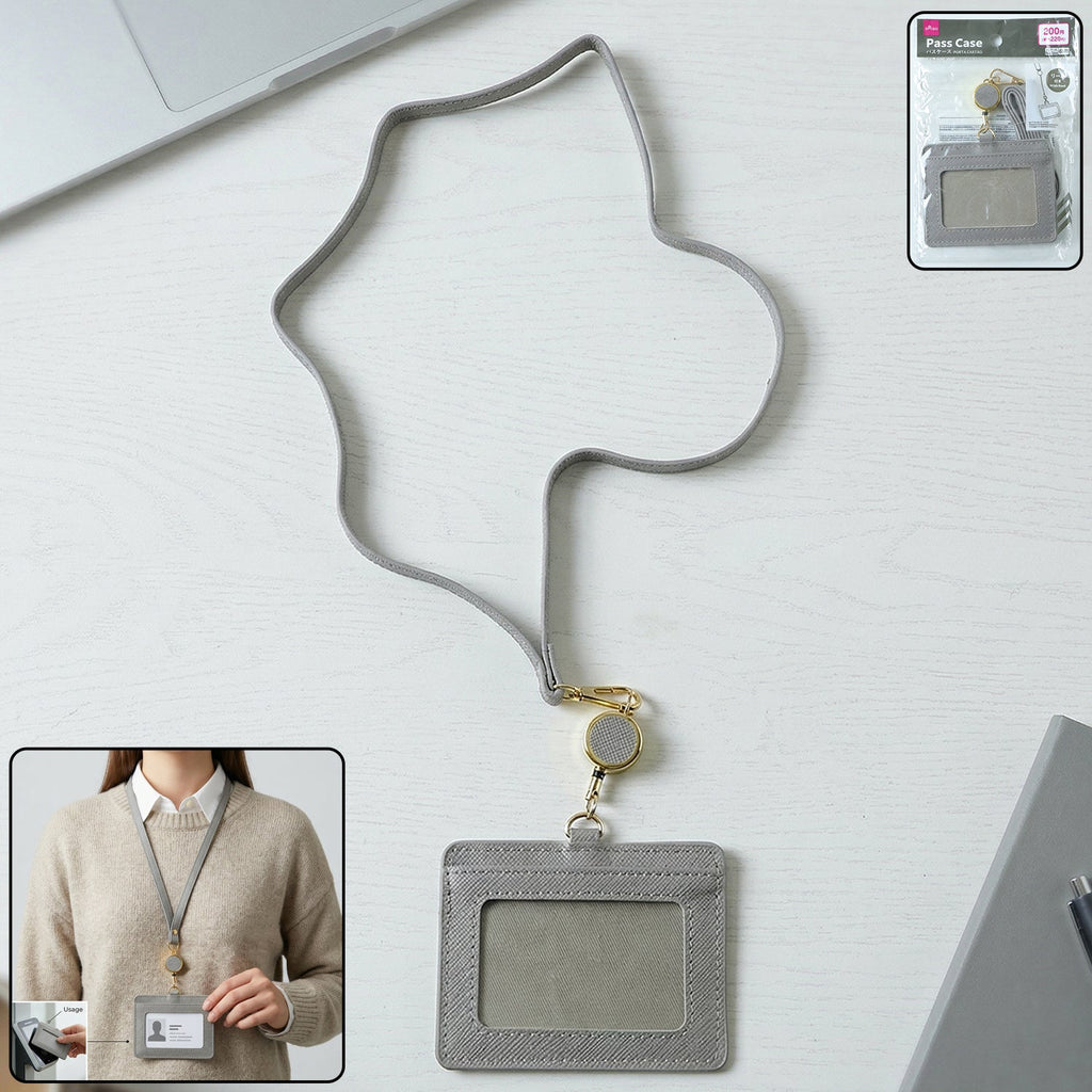 ID card holder with adjustable neck strap showing durable transparent window