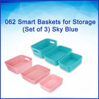 Organized kitchen shelf featuring the sky blue storage baskets.