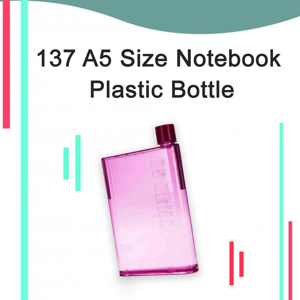 A slim plastic water bottle fitting perfectly into a bag, demonstrating its notebook-like portability.
