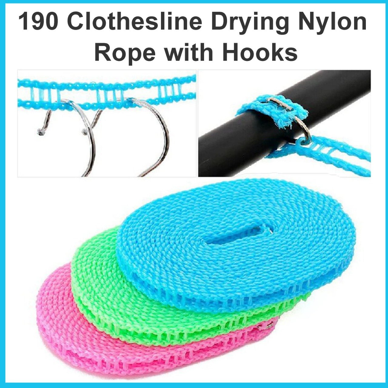 Portable nylon clothesline drying clothes in an outdoor camping setting.