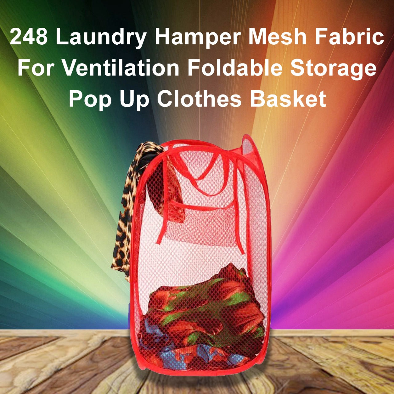 Foldable laundry storage basket with sturdy handles on a clean floor.