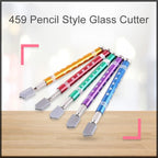 Hand holding the pencil-style glass cutter, ready for use.