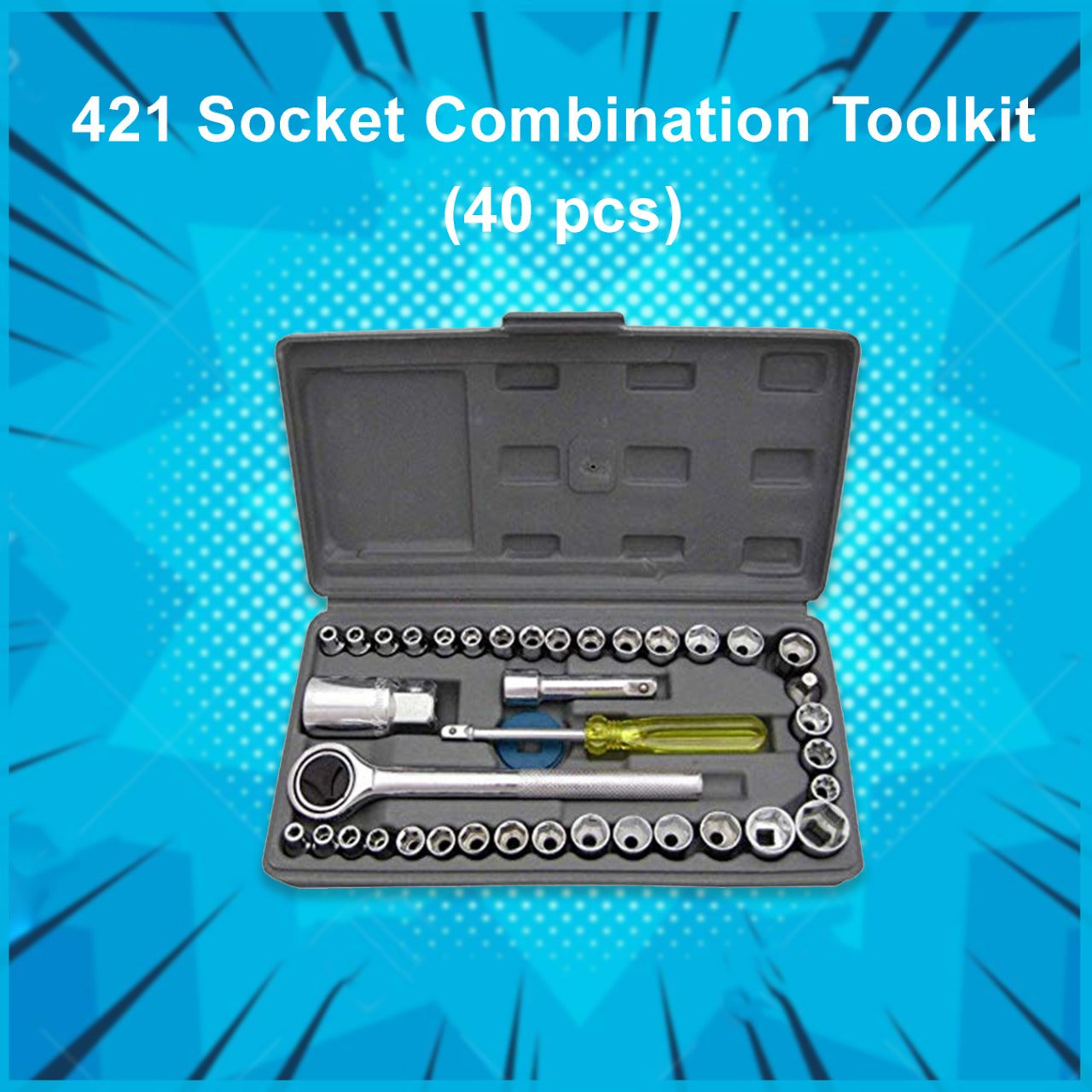 Detailed view of the reversible ratchet handle and various socket sizes from the tool kit.