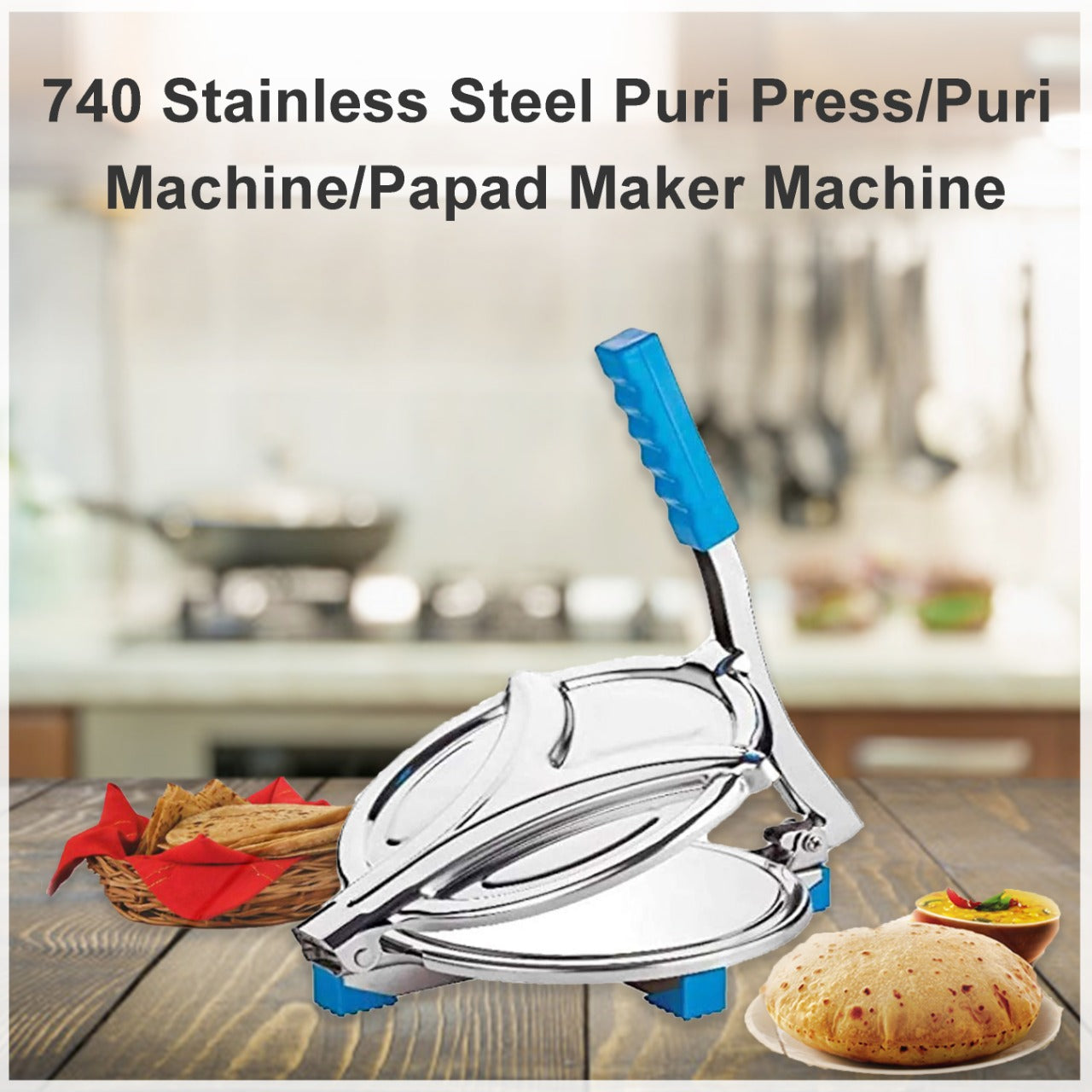 Ergonomic handle and sturdy base of the Indo Glow puri press for comfortable use.