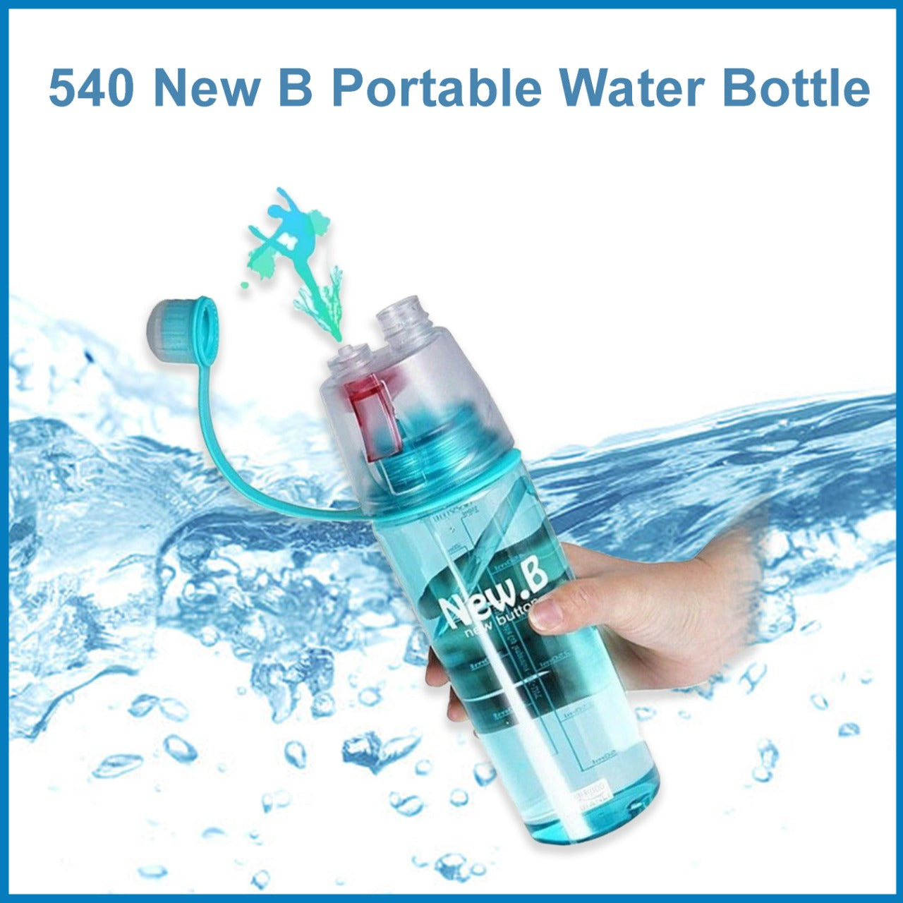 Person using the integrated face mist sprayer on the portable water bottle for quick refreshment.