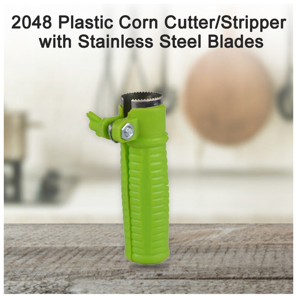 Ergonomic corn stripper tool in action, showcasing its sharp stainless steel blades.