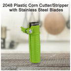 Ergonomic corn stripper tool in action, showcasing its sharp stainless steel blades.