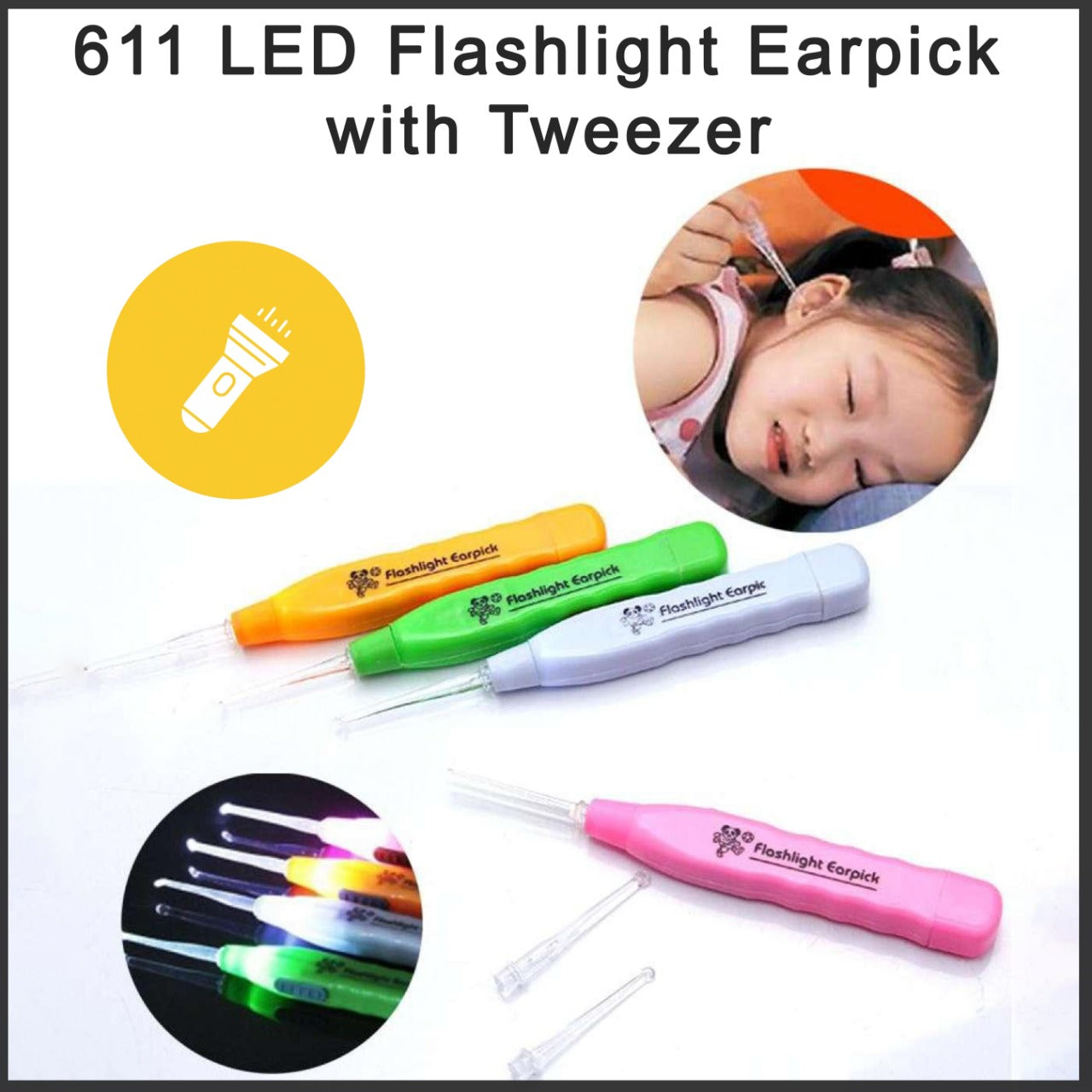 Components of LED Flashlight Earpick kit displayed on white background