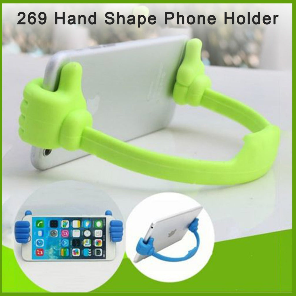 Blue hand shape phone holder from a side angle, ideal for desktop use.