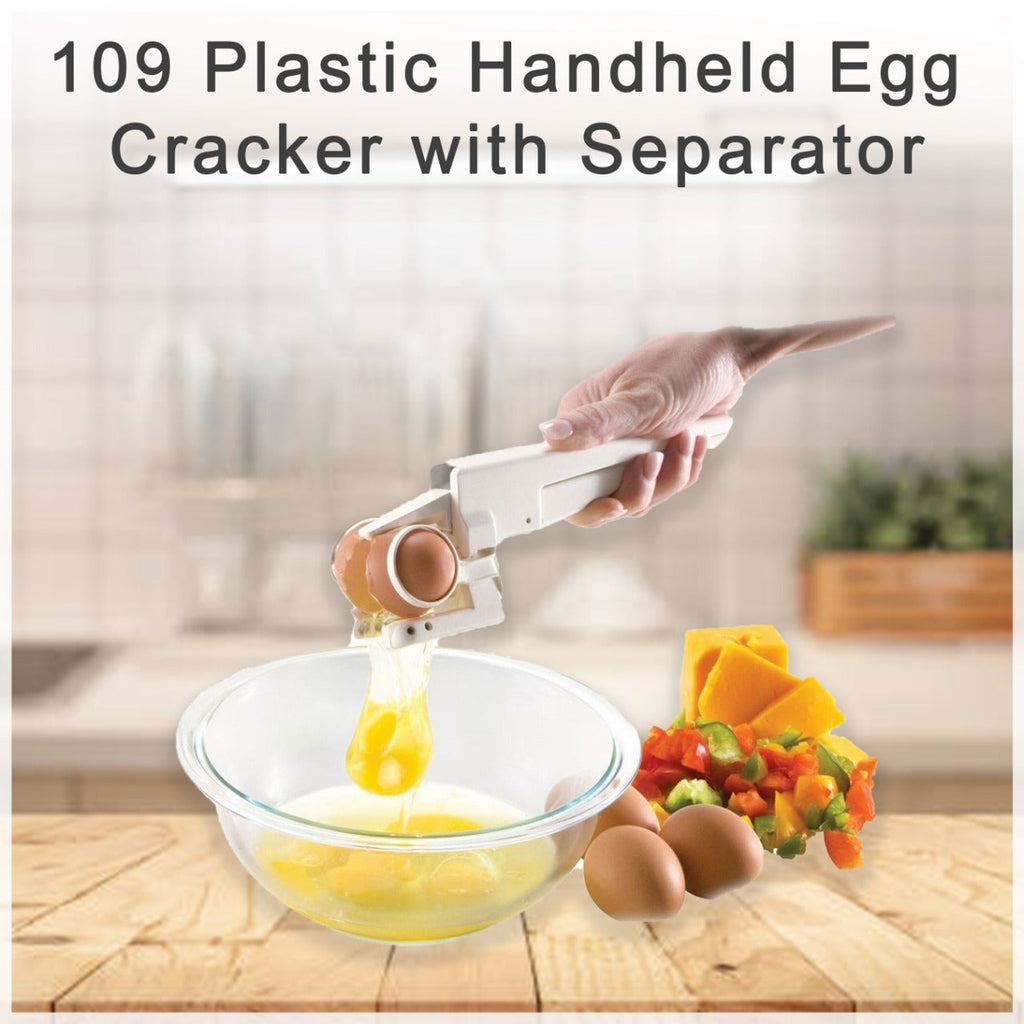 Front view of the plastic handheld egg cracker with separator, designed for Indian kitchens.