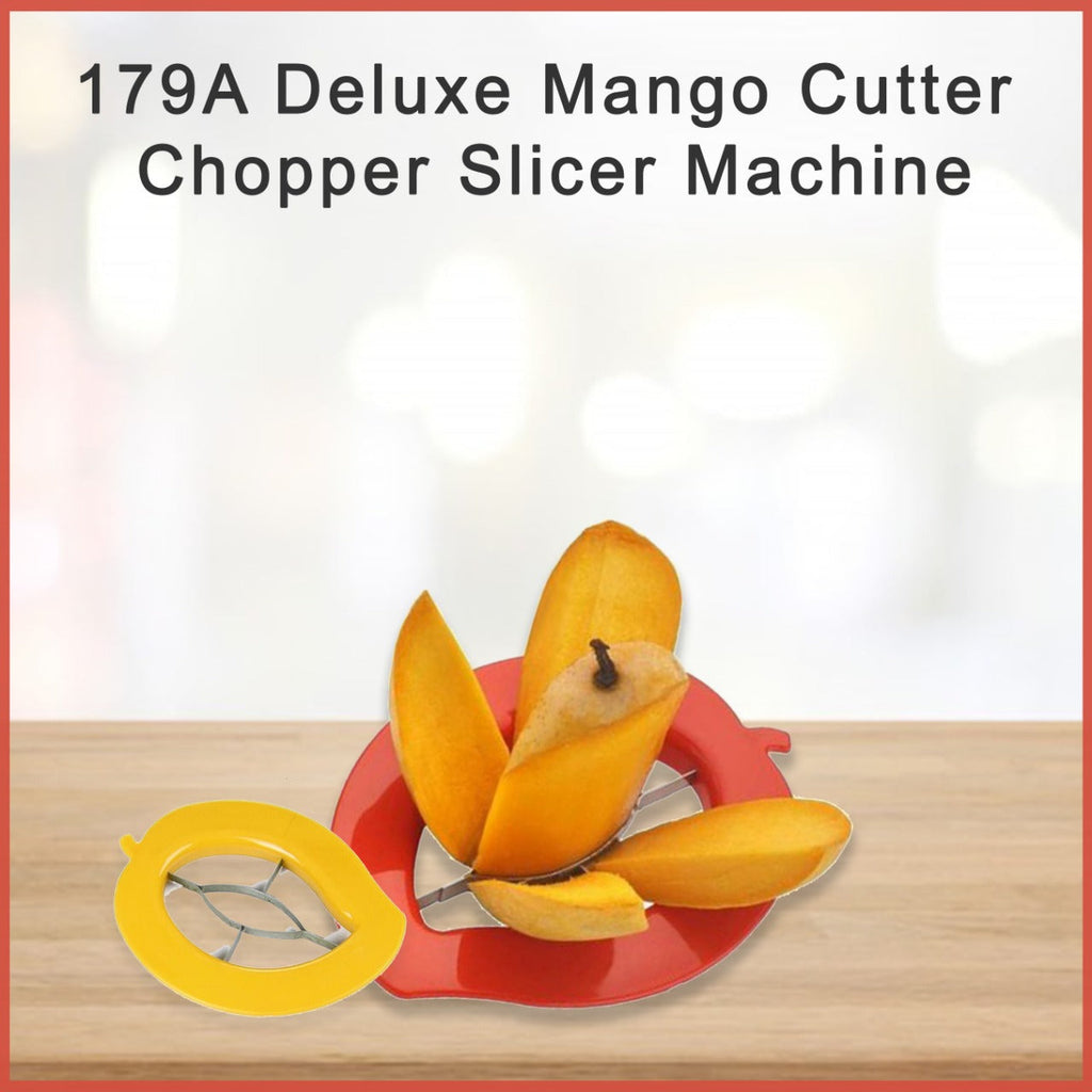 Someone demonstrating the easy use of the mango cutter on a cutting board.