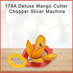 Someone demonstrating the easy use of the mango cutter on a cutting board.