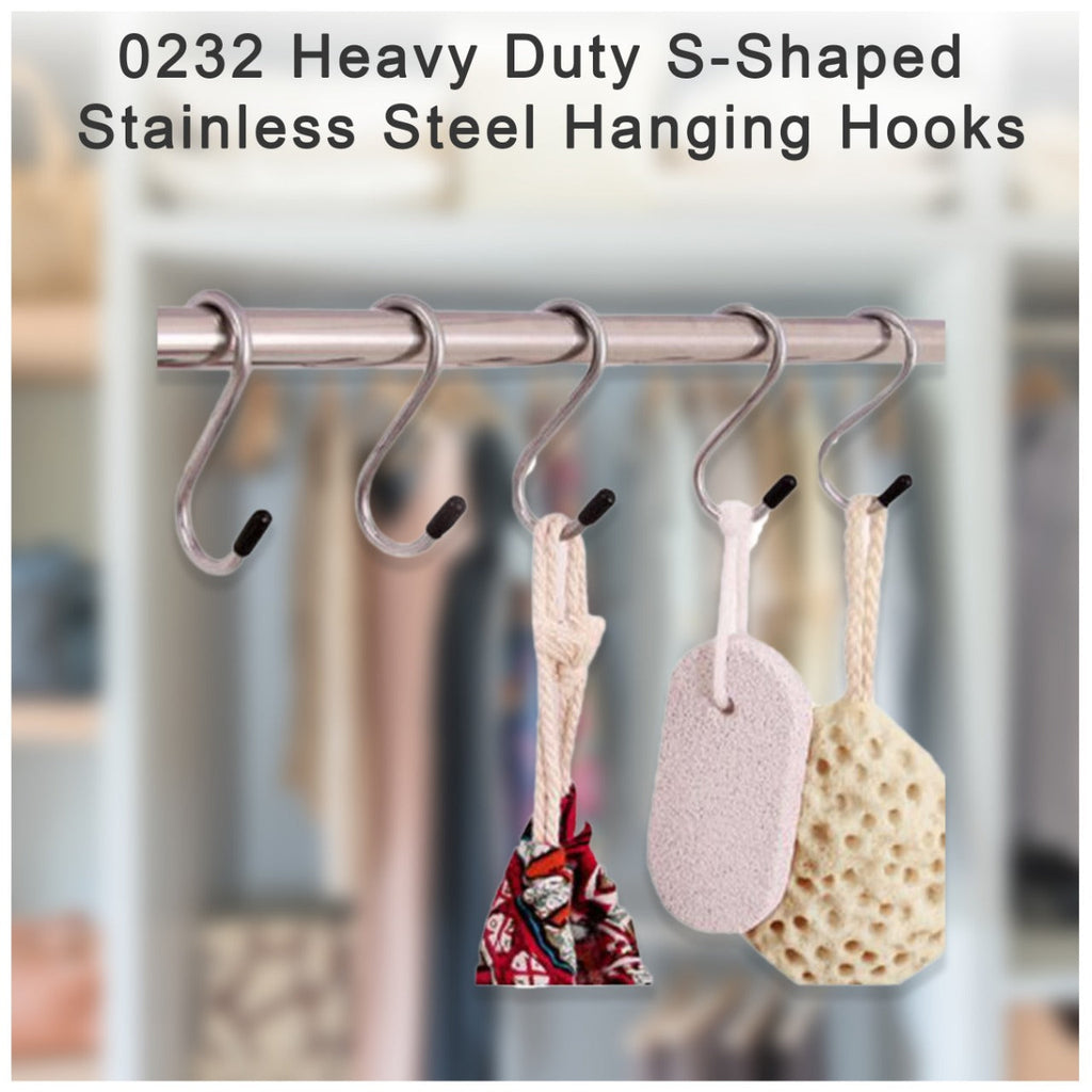 Set of five strong stainless steel S-hooks for versatile storage.