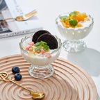 Top-down view of the brown serving dessert bowls in a neat stack.