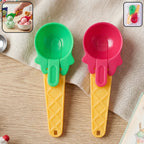 Two vibrantly colored plastic ice cream scoops on a clean white background.