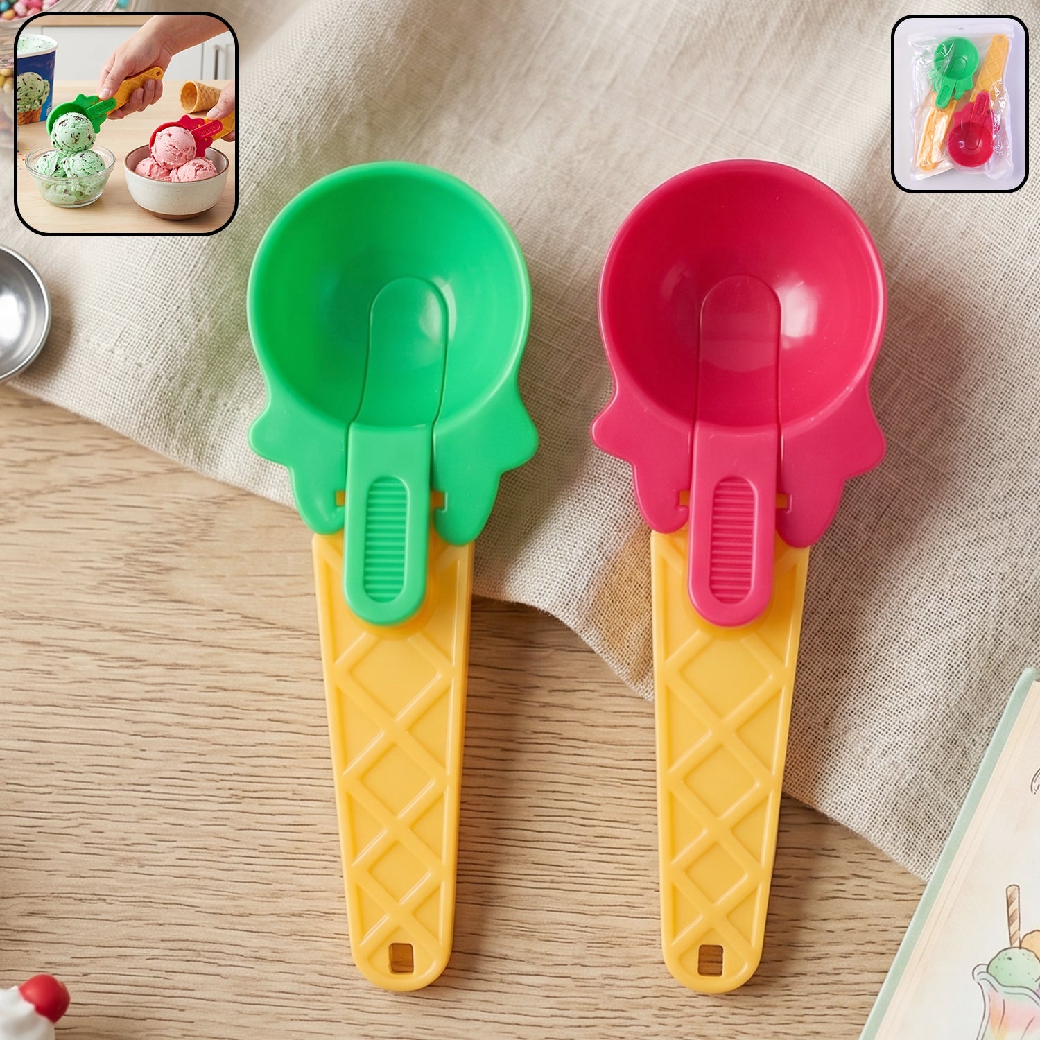 Two vibrantly colored plastic ice cream scoops on a clean white background.