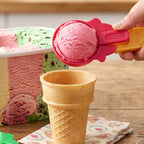 Side view of a 2-piece plastic ice cream scoop set, highlighting the sturdy design.