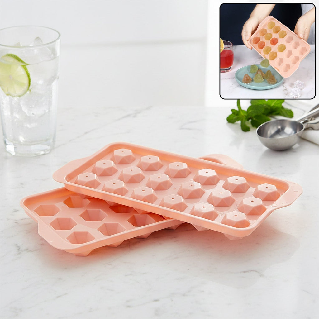 Plastic ice cube tray with eighteen diamond-shaped cavities for making ice cubes