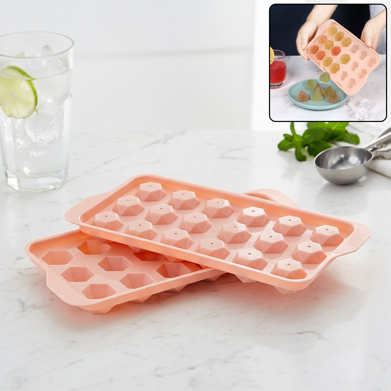 Plastic ice cube tray with eighteen diamond-shaped cavities for making ice cubes