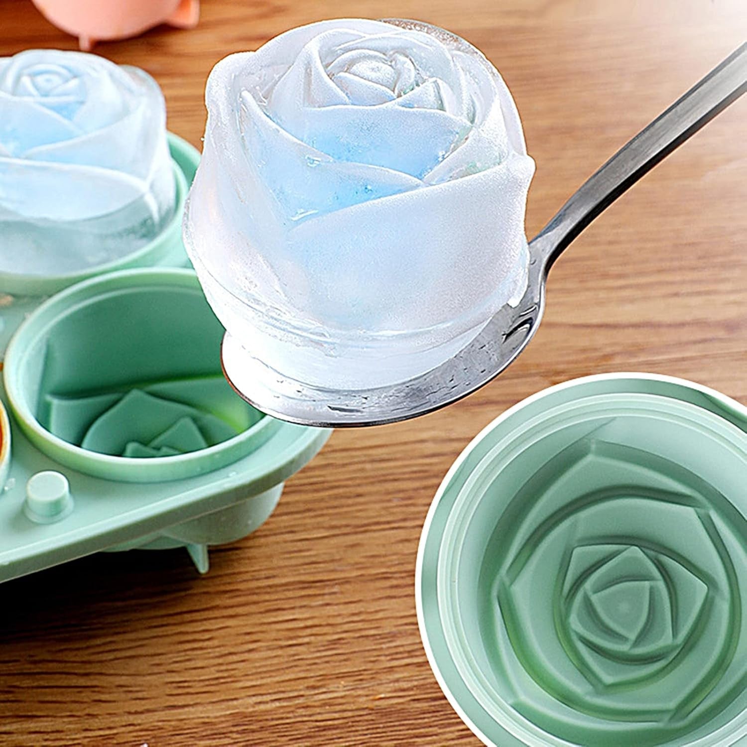 Ice cube tray with rose design made from flexible silicone