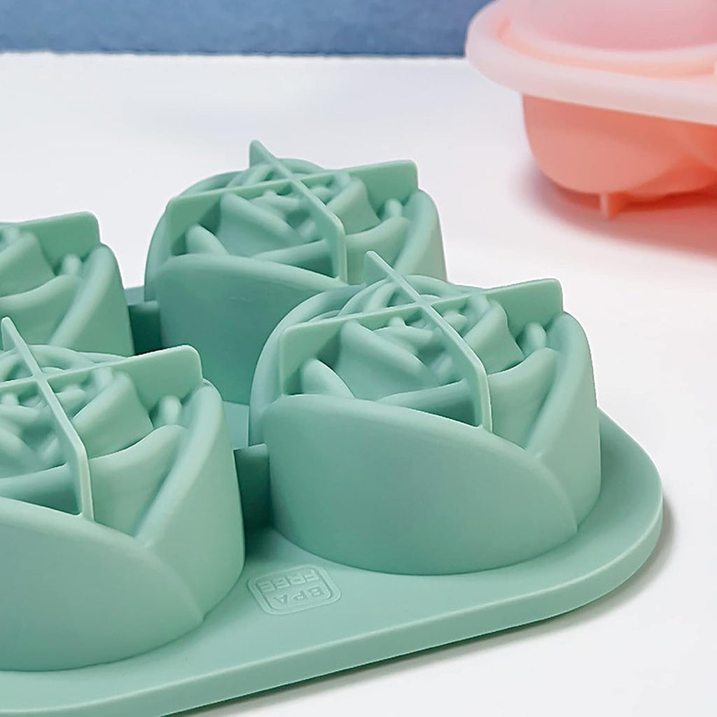Silicone ice cube tray with rose-shaped molds showing flexible edges