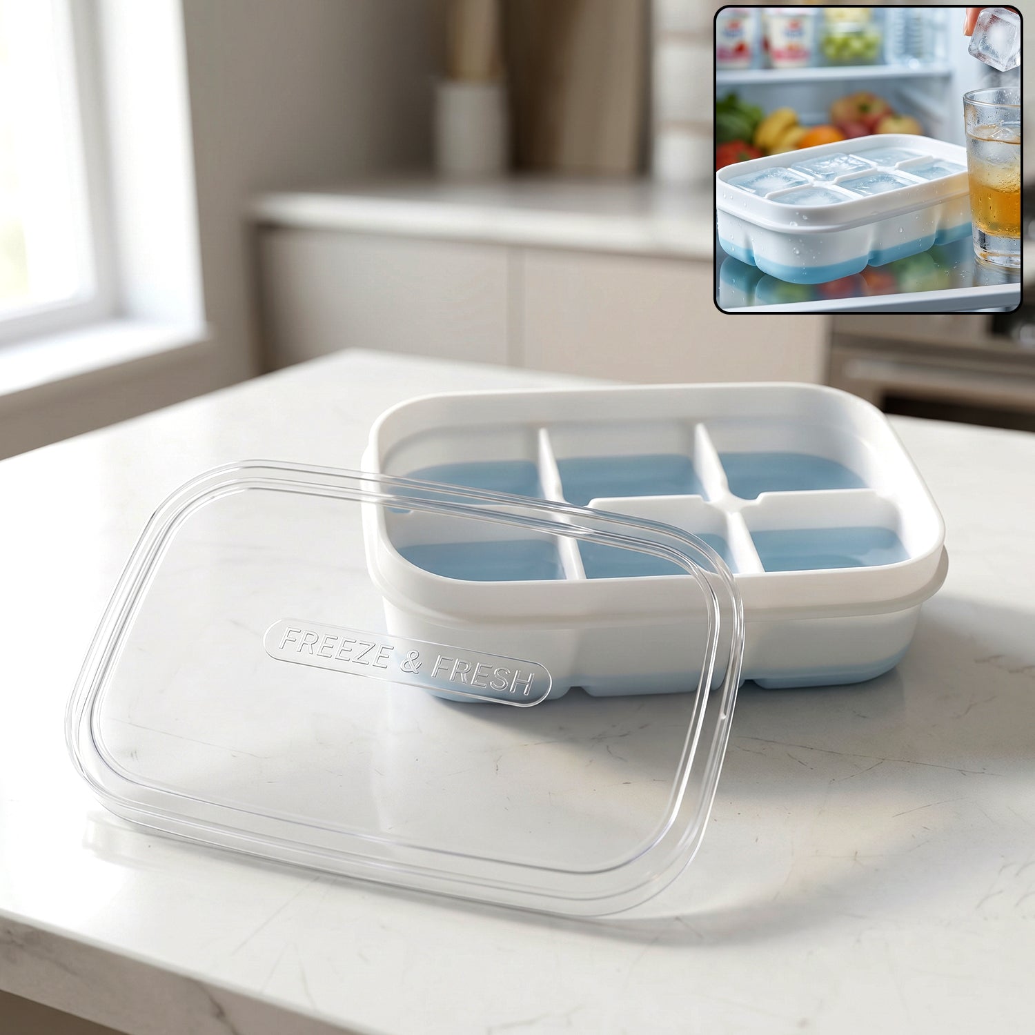 Mini plastic ice cube tray with 6 cavities and airtight lid