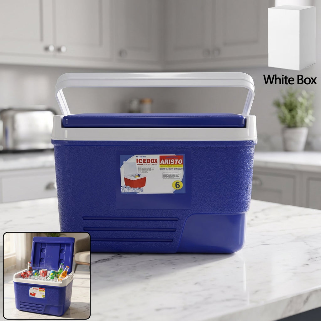 Close-up of blue 6 litre insulated ice cooler with lid