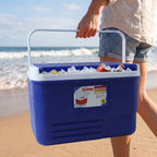 Portable insulated cooler box showing handle and compact design