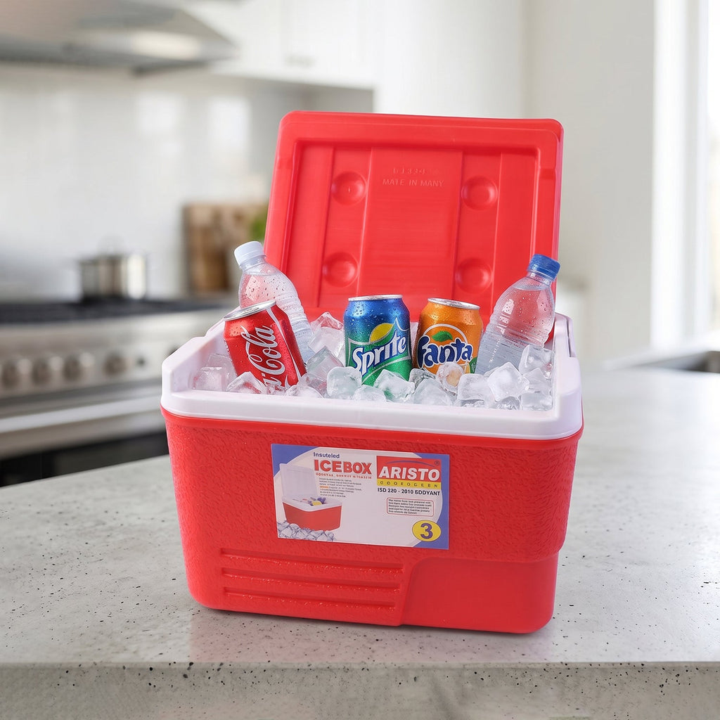 Leak-resistant portable ice cooler container in red