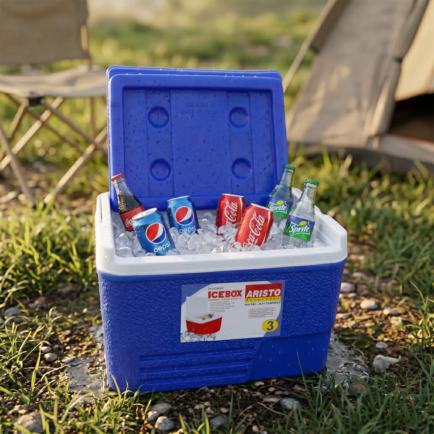 Camping friendly blue ice storage container for outdoor adventures