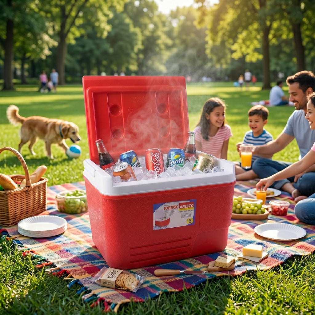 Portable outdoor ice storage cooler in red