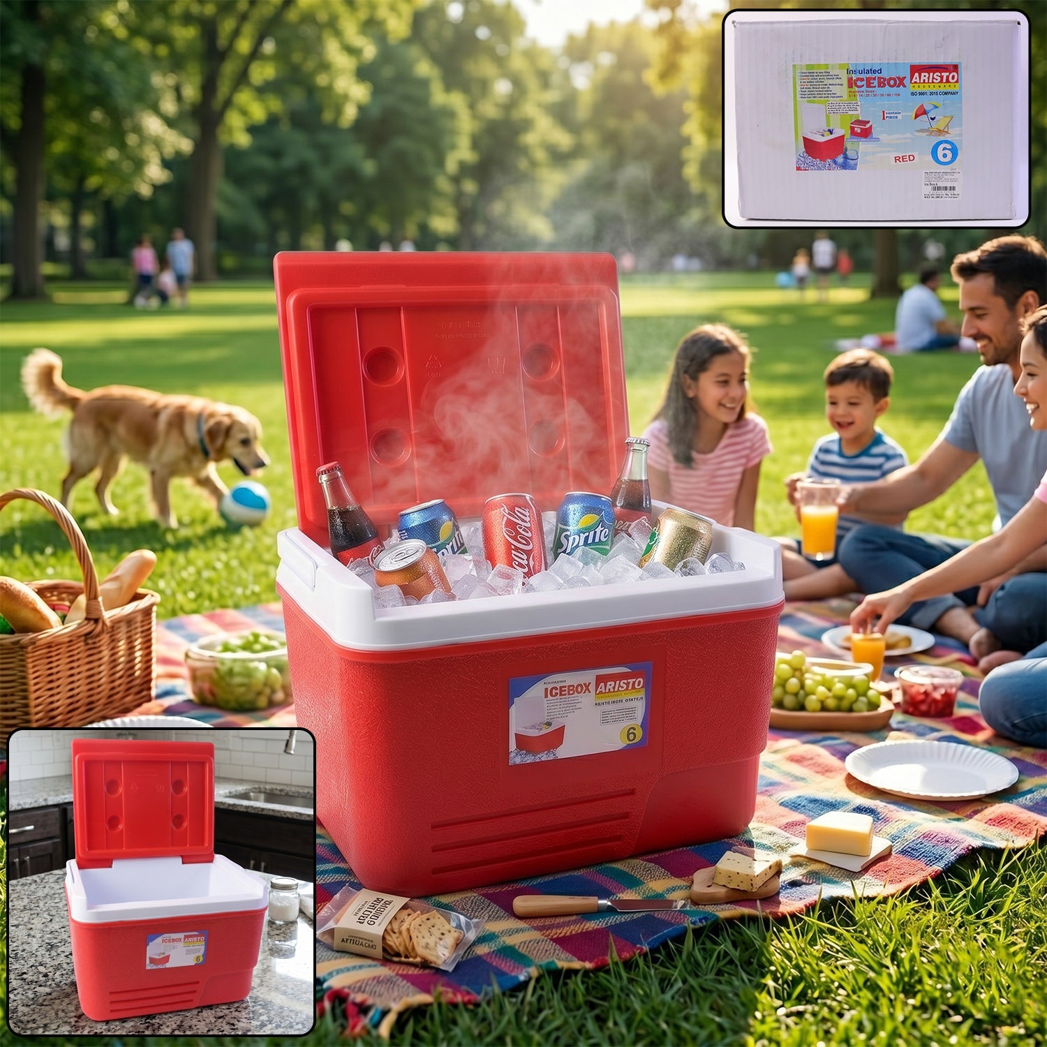 Heavy duty insulated 6 litre red ice box cooler for outdoor travel