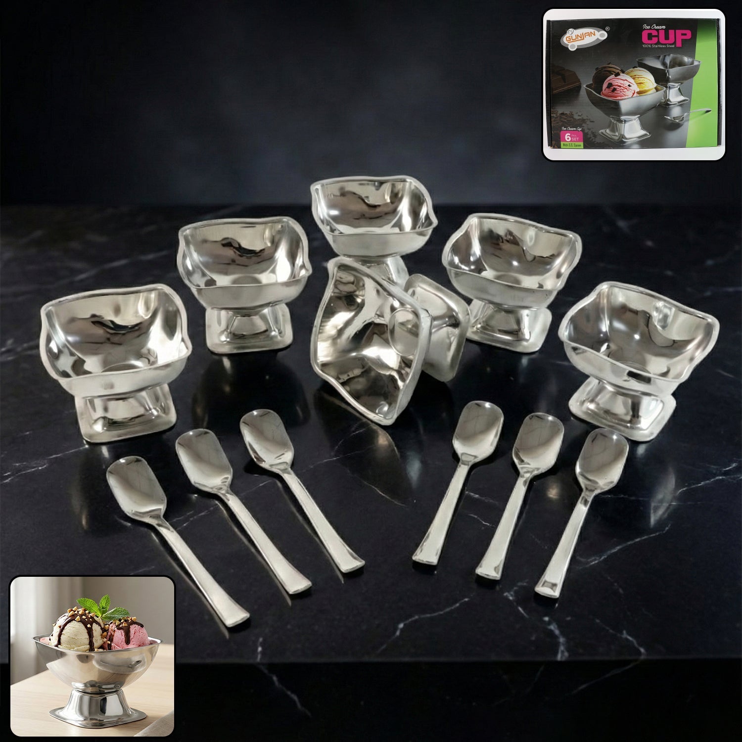 Set of 6 premium stainless steel ice cream cups with spoons