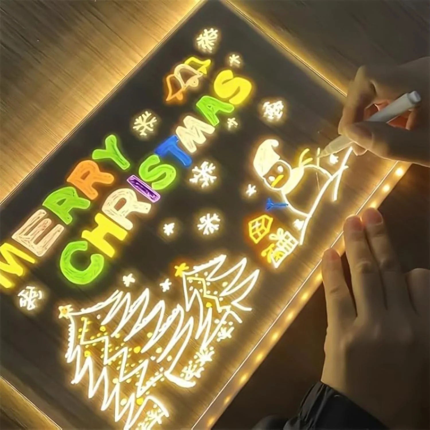LED note display board glowing brightly on acrylic surface