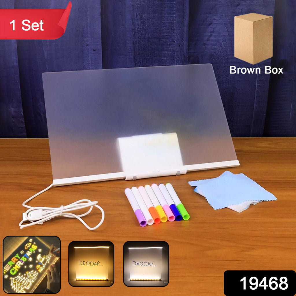 Illuminated LED writing board with markers ready for use