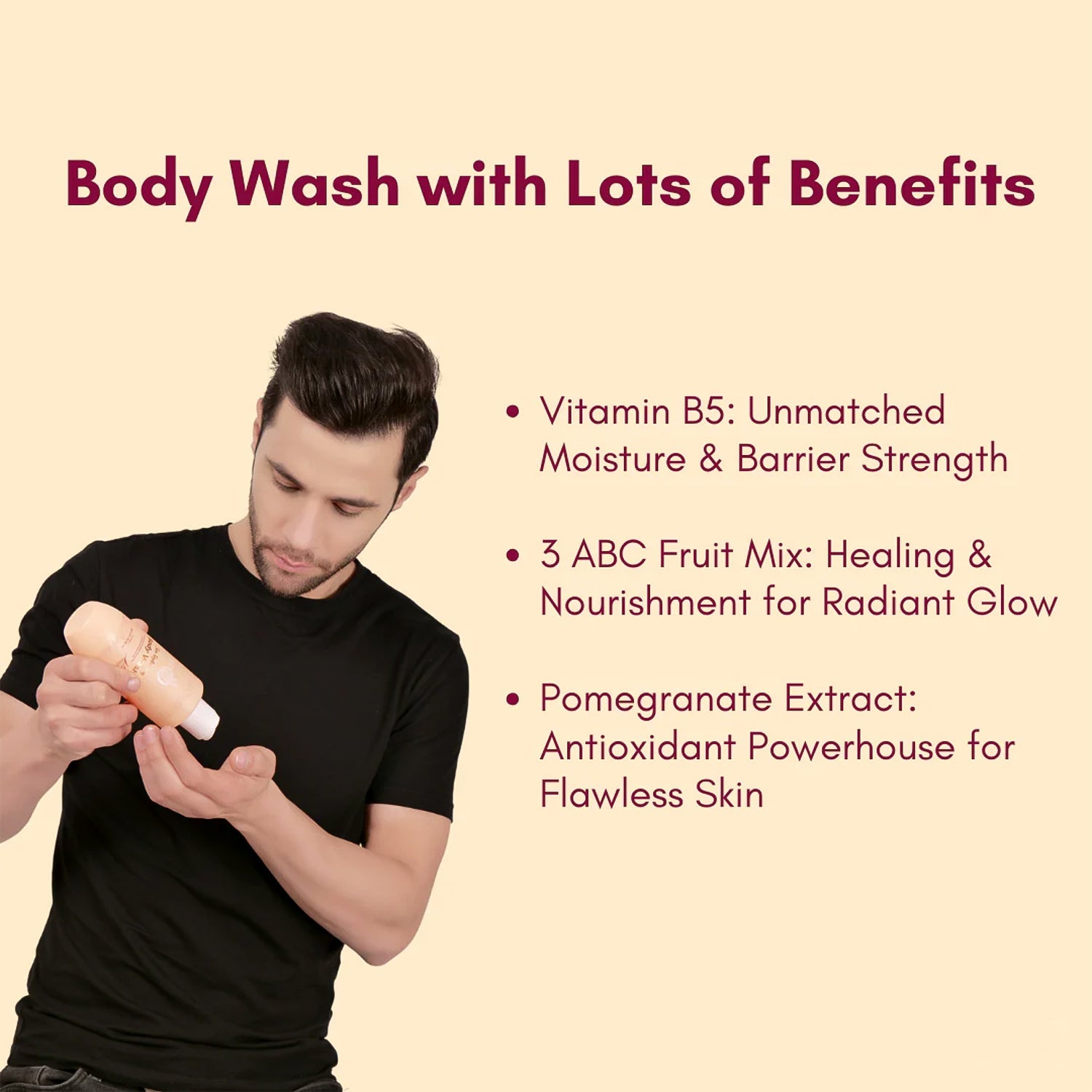 Close-up of label on hydrating body wash bottle