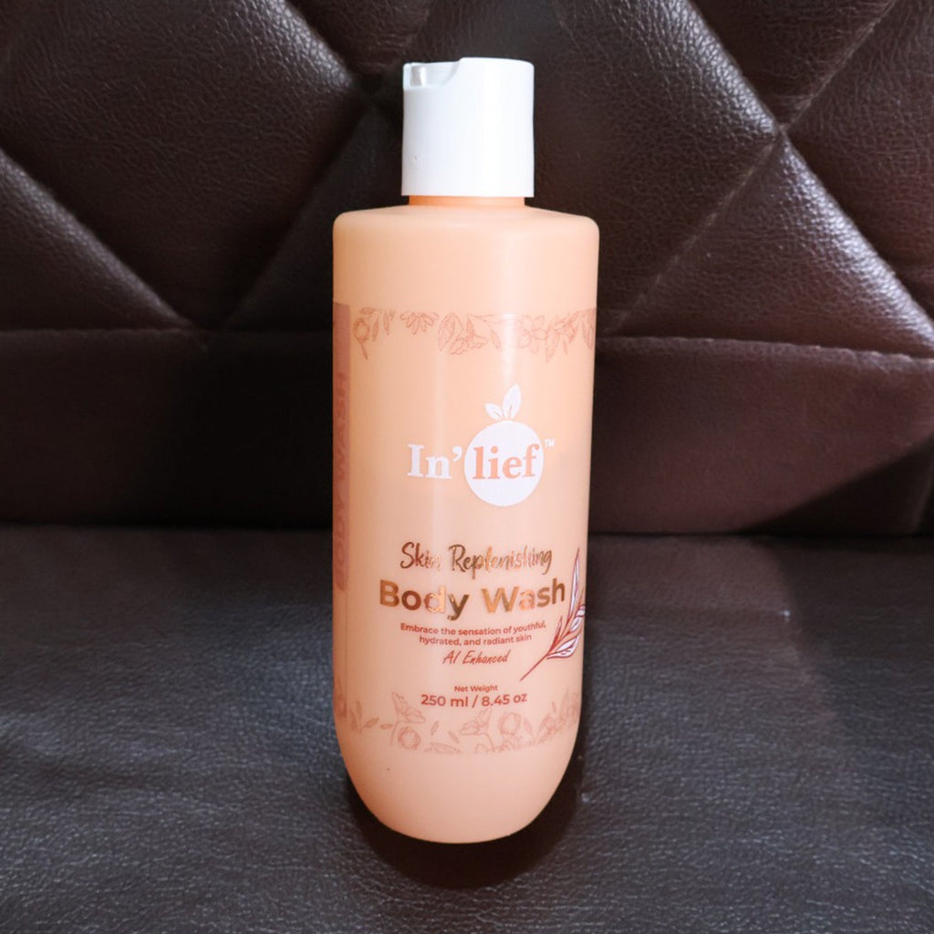 Hydrating body wash bottle resting on a bathroom surface
