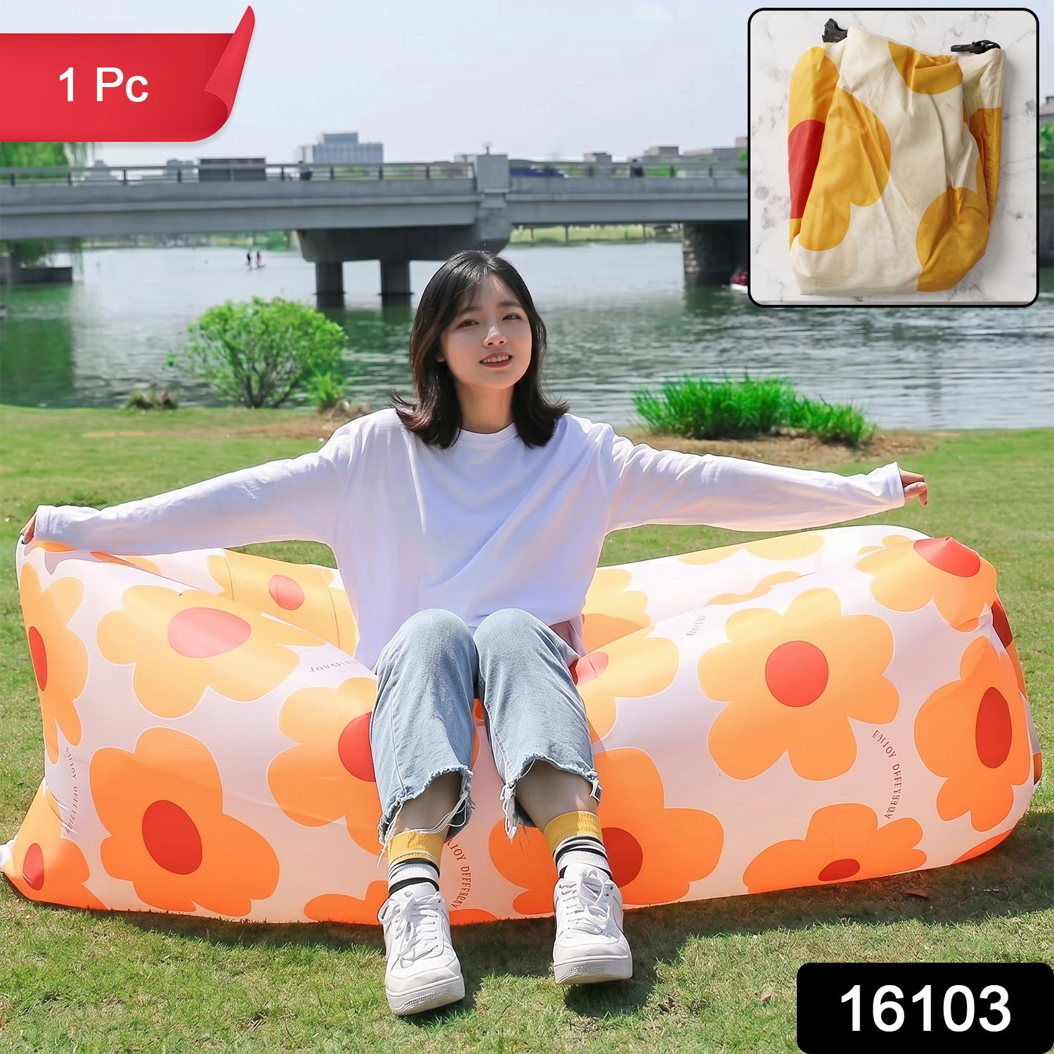 Portable inflatable lazy sofa with bright flower design for outdoor use