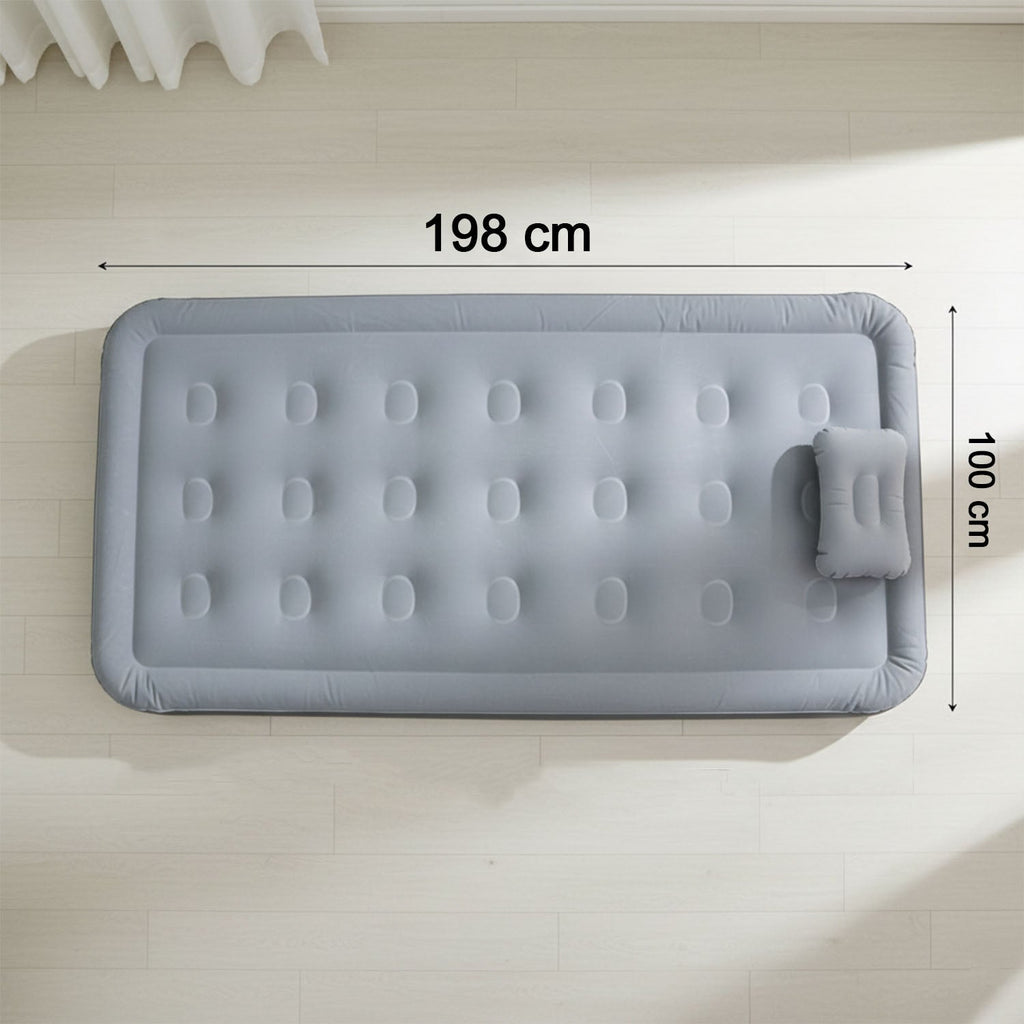 Dimension chart for portable inflatable folding bed showing length, width, and height
