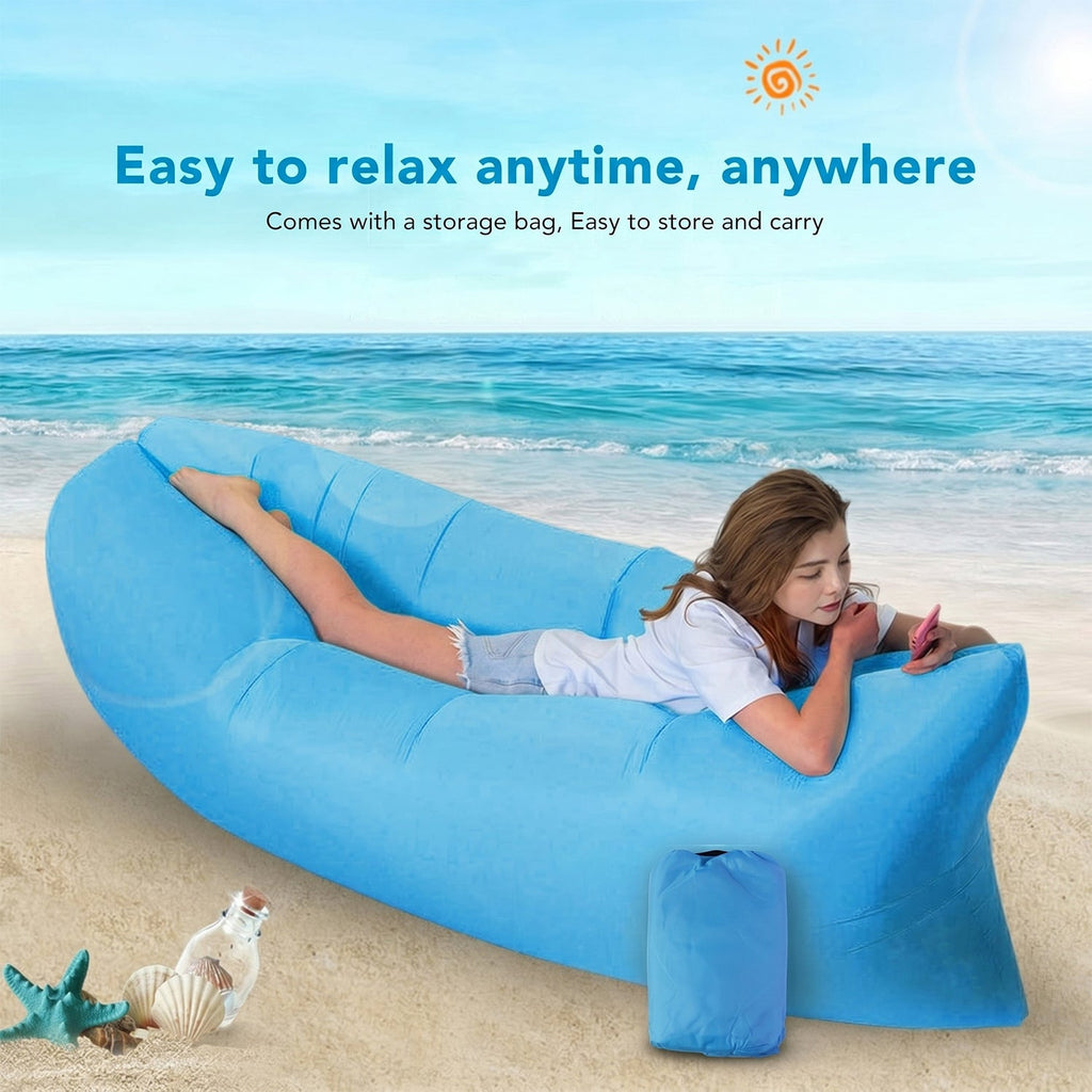 Folded blue inflatable lounger, demonstrating portability