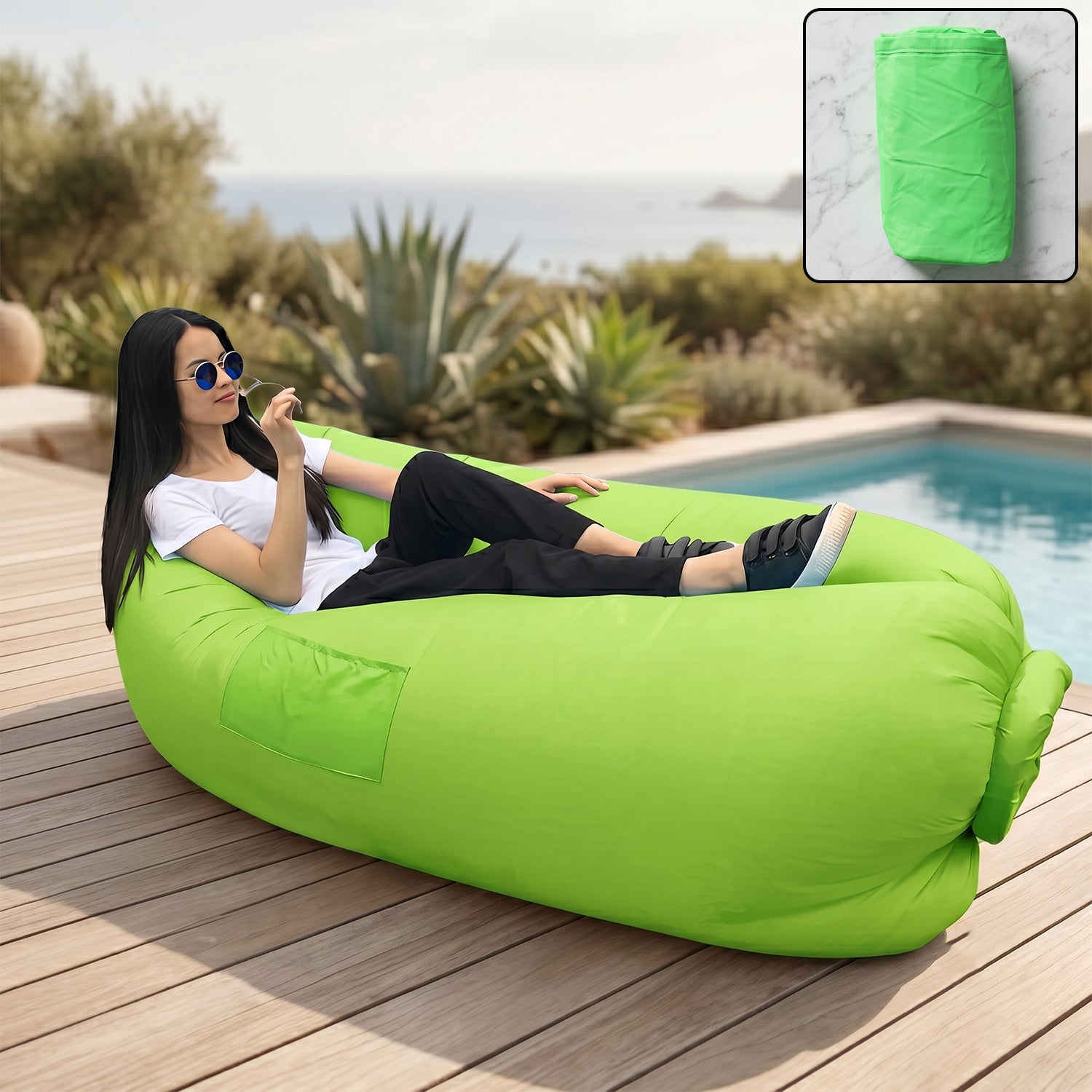 Pink inflatable air lounger sofa for outdoor use