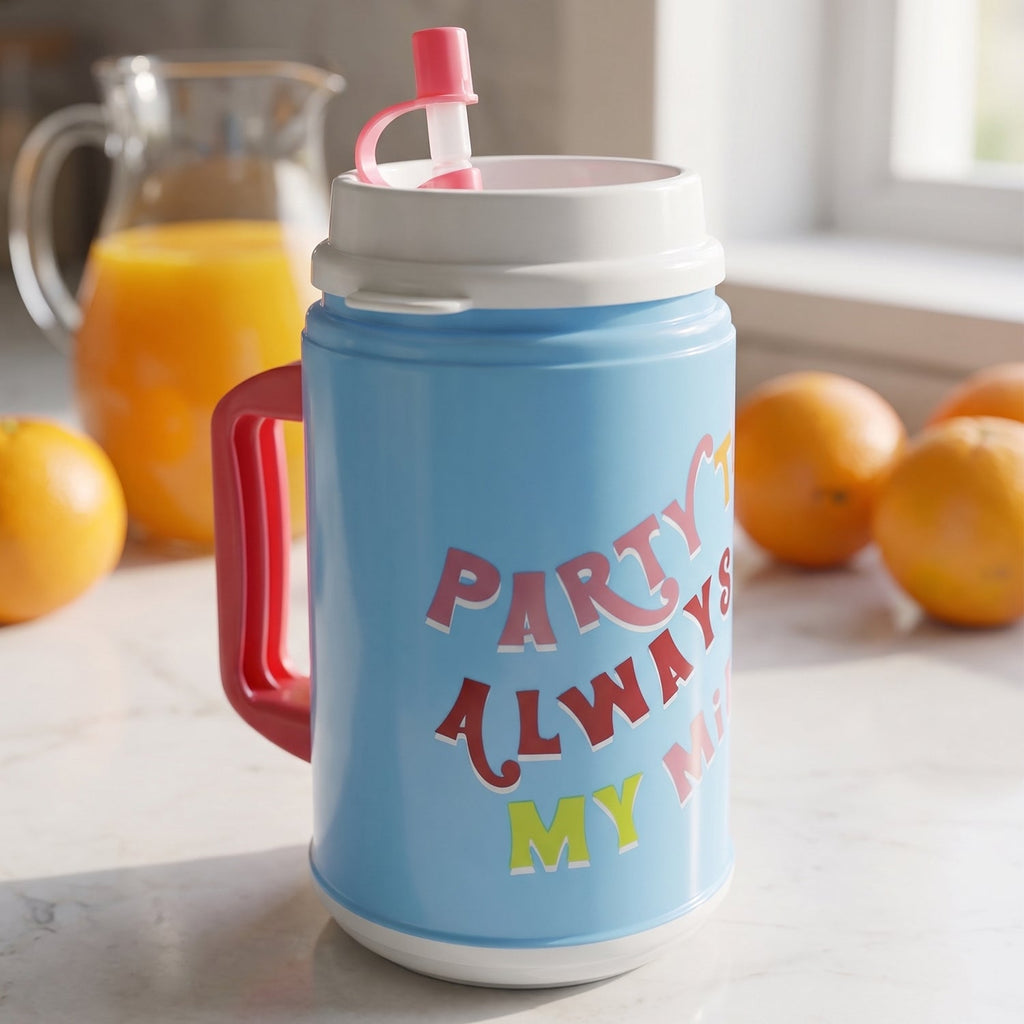 Insulated drinking mug shown with straw, ready for use.