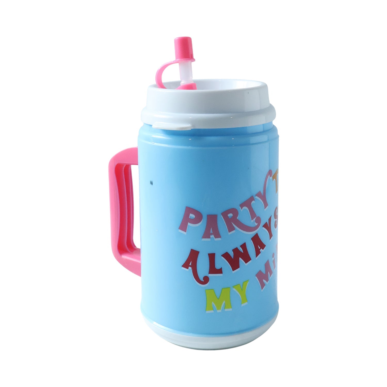Side view of the plastic mug, highlighting its comfortable handle and lid.