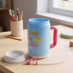 Insulated mug lid and handle close-up, emphasizing easy portability.