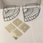 Close-up of the elegant design and robust construction of the iron shower caddy corner.