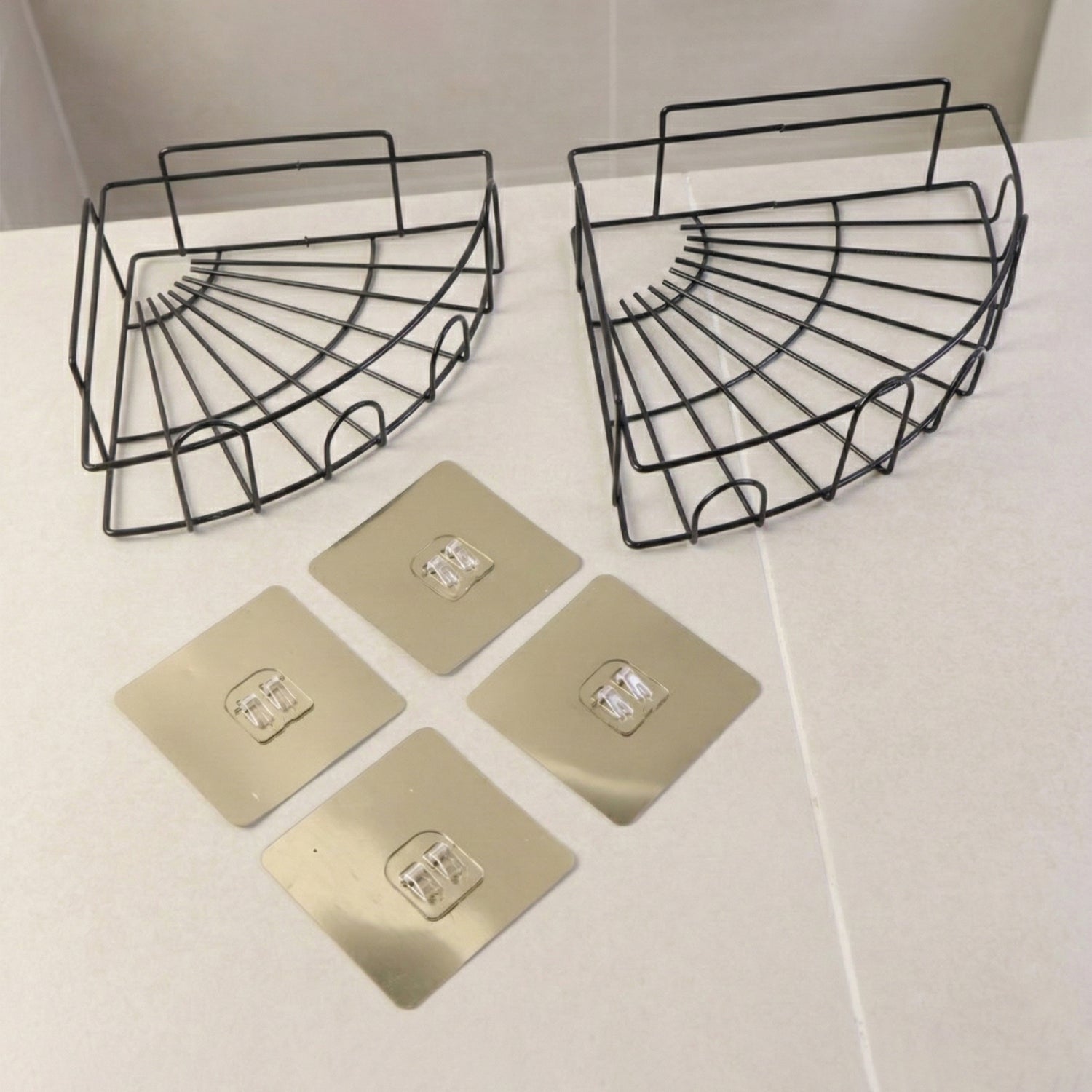 Close-up of the elegant design and robust construction of the iron shower caddy corner.
